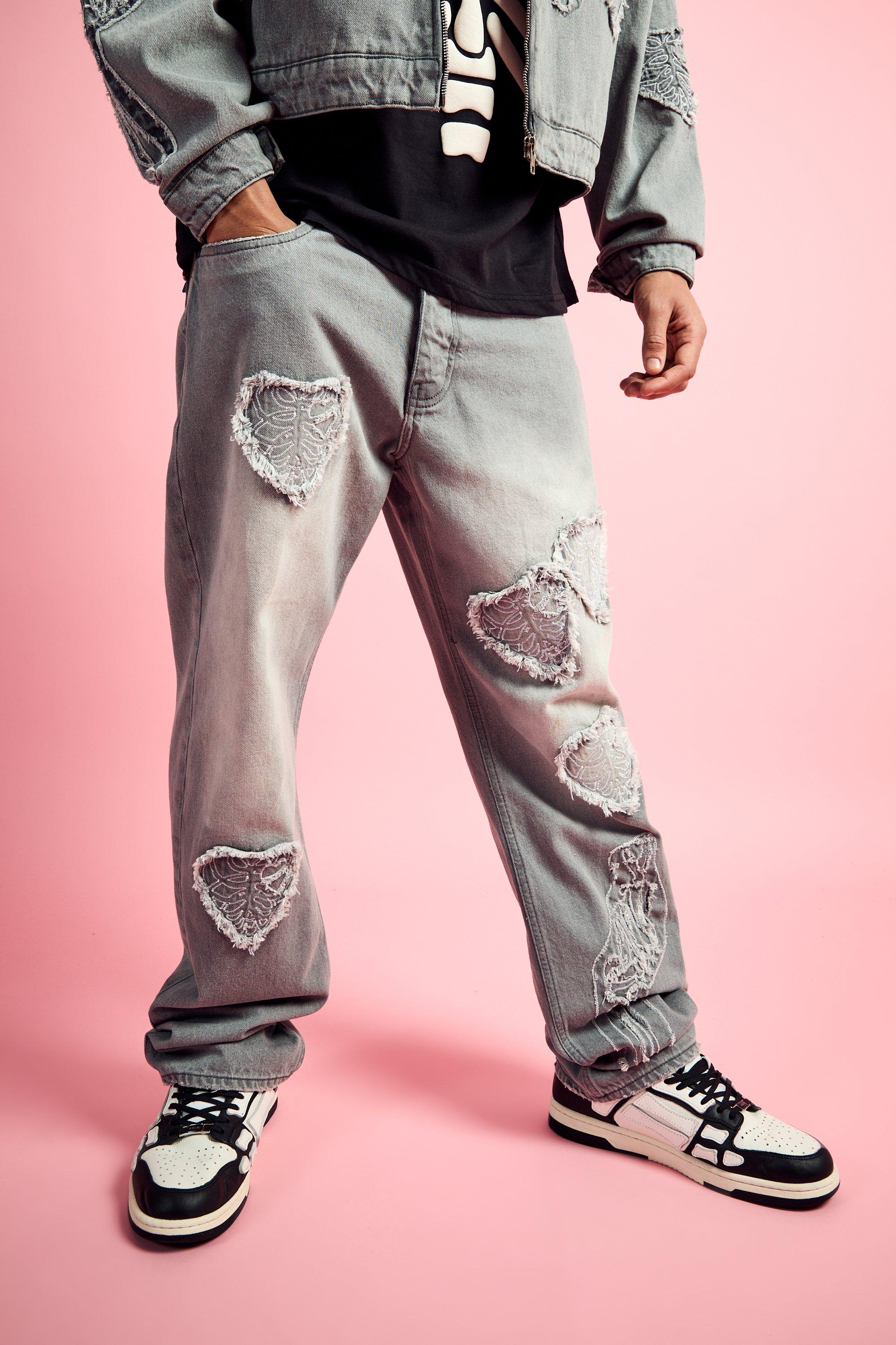 Mens Relaxed Rigid Heart Applique Jean In Light Grey, Grey